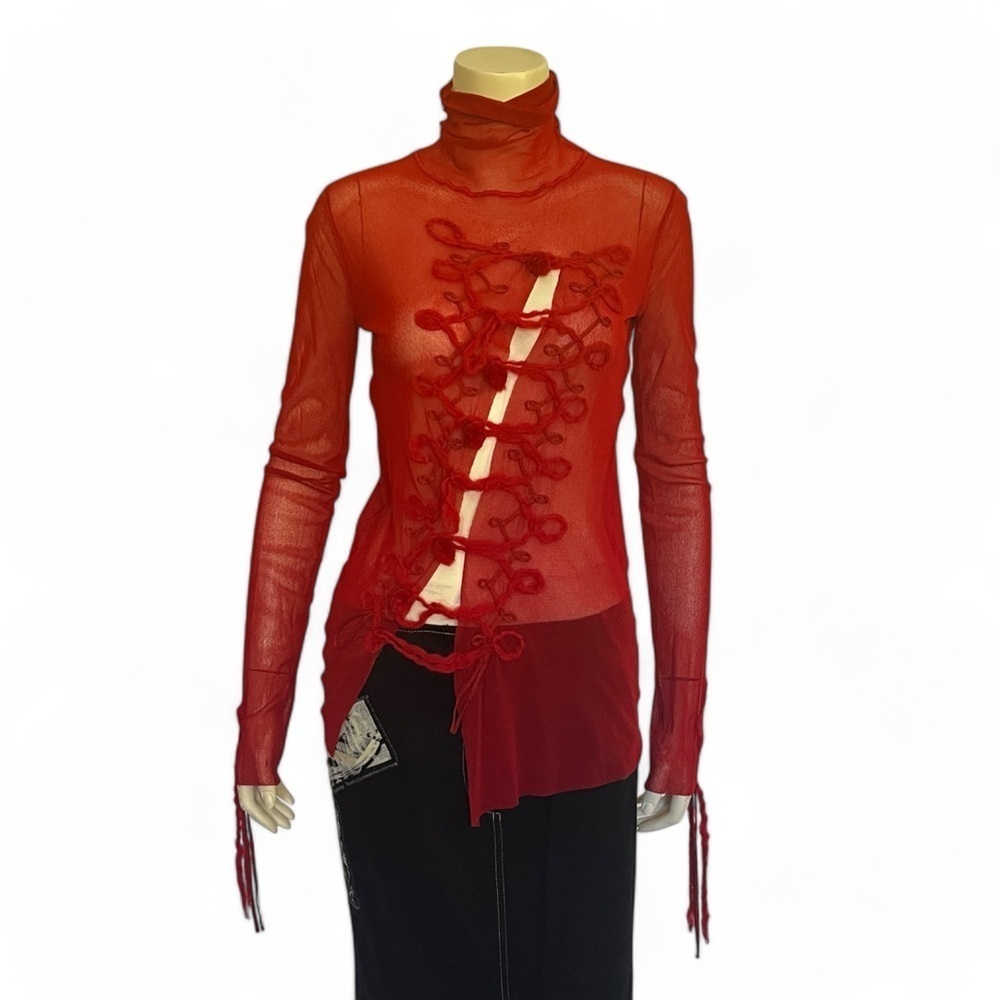 Jean Paul Gaultier Women's Red Sheer Asymmetric Turtleneck Blouse Size L